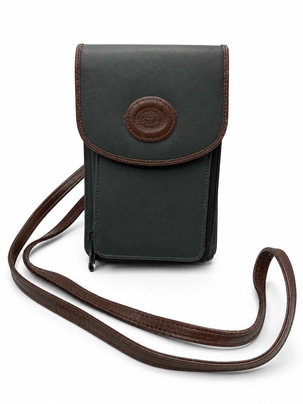 Vintage Leather Crossbody Organizer Purse Wallet Green Brown Shoulder Bag